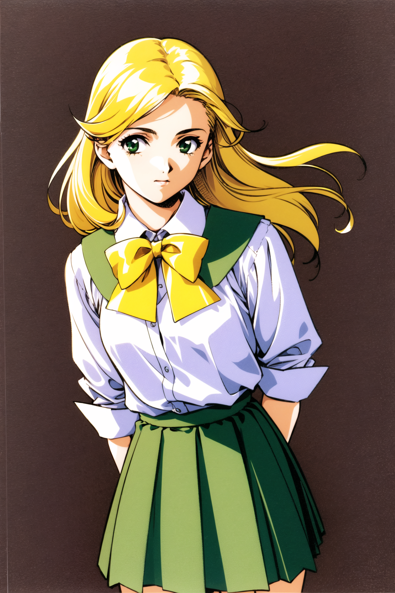 18900-373703224-1girl, solo, school uniform, blonde hair, skirt, green eyes, long hair, shirt, retro artstyle, green skirt, pleated skirt, yello.png